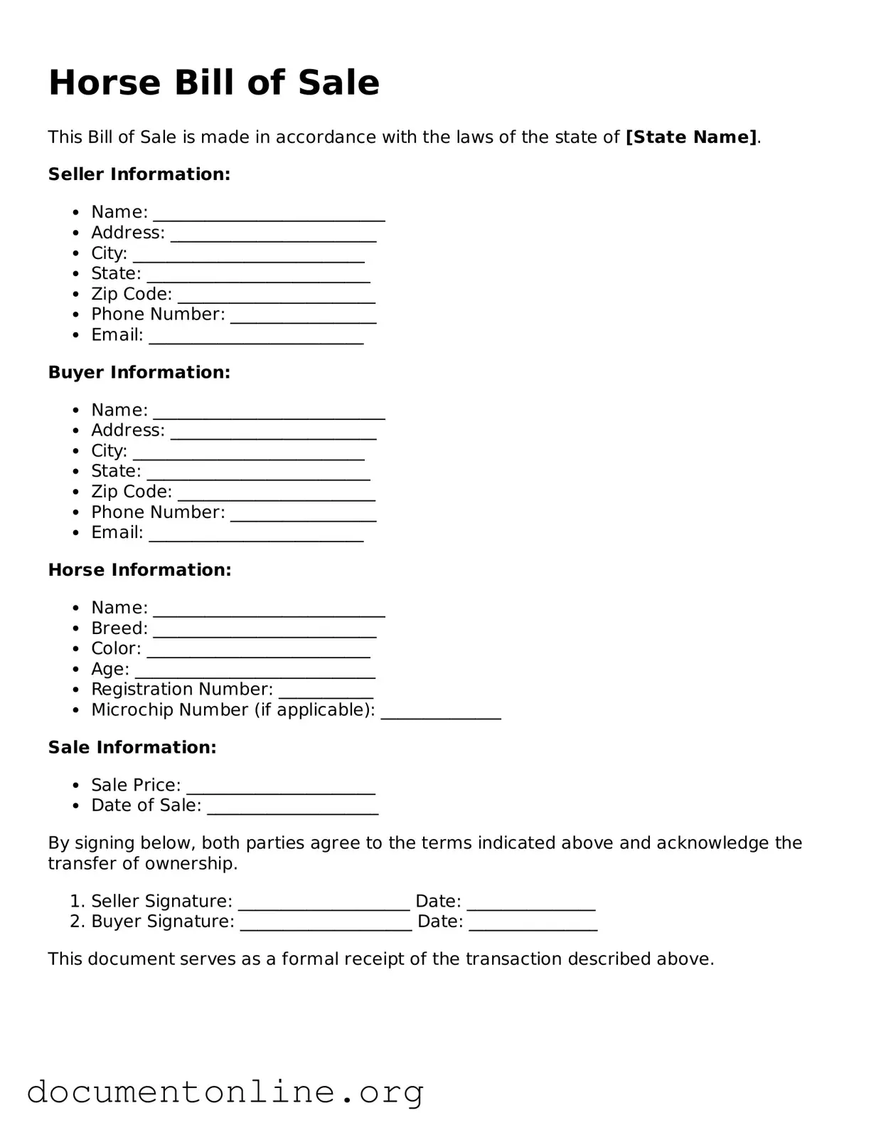 Free Horse Bill of Sale Form
