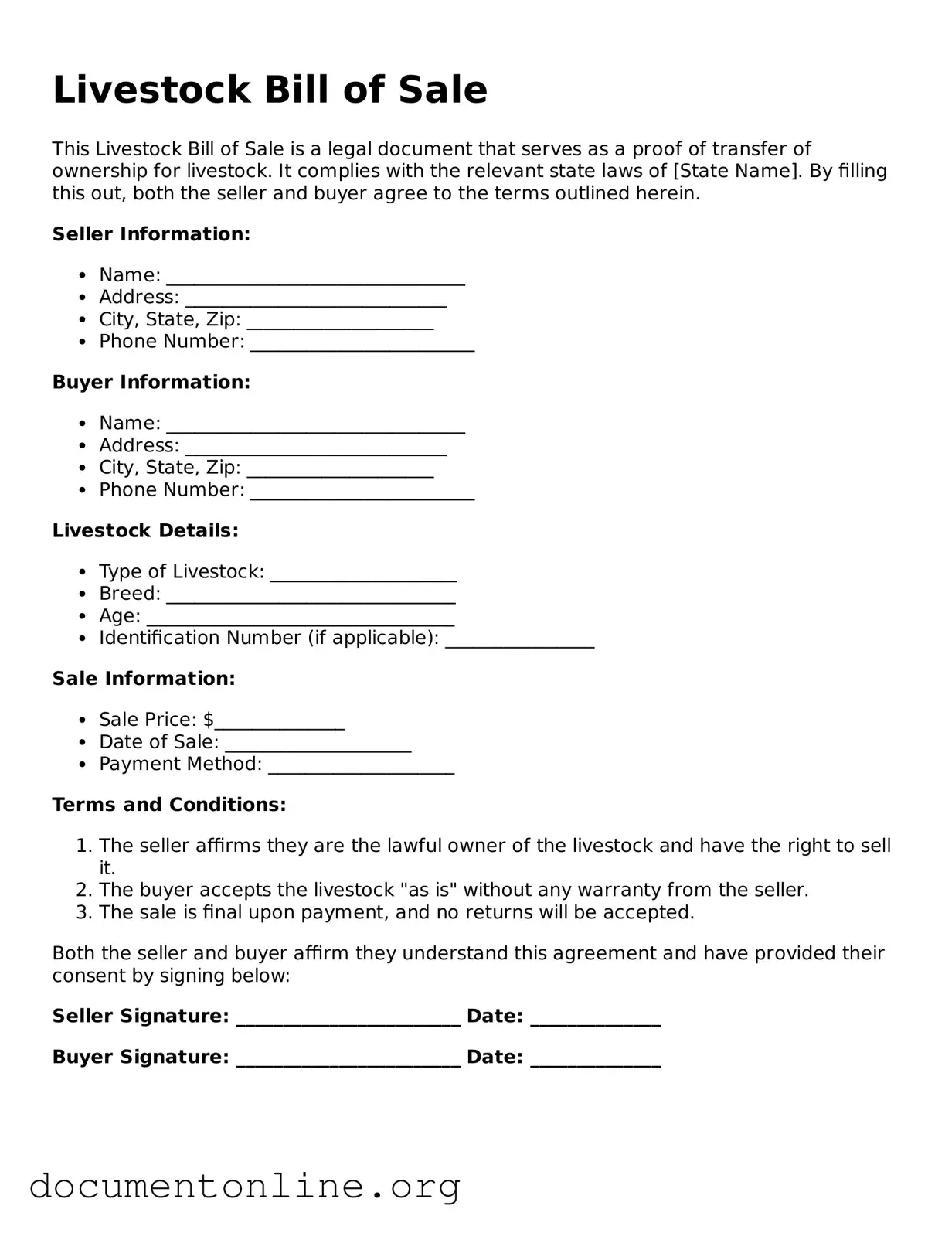 Free Livestock Bill of Sale Form
