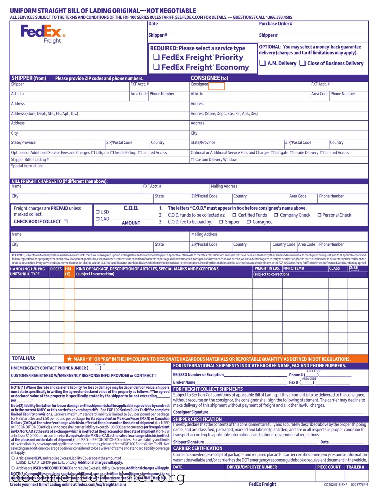 Free Fedex Bill Of Lading Template
