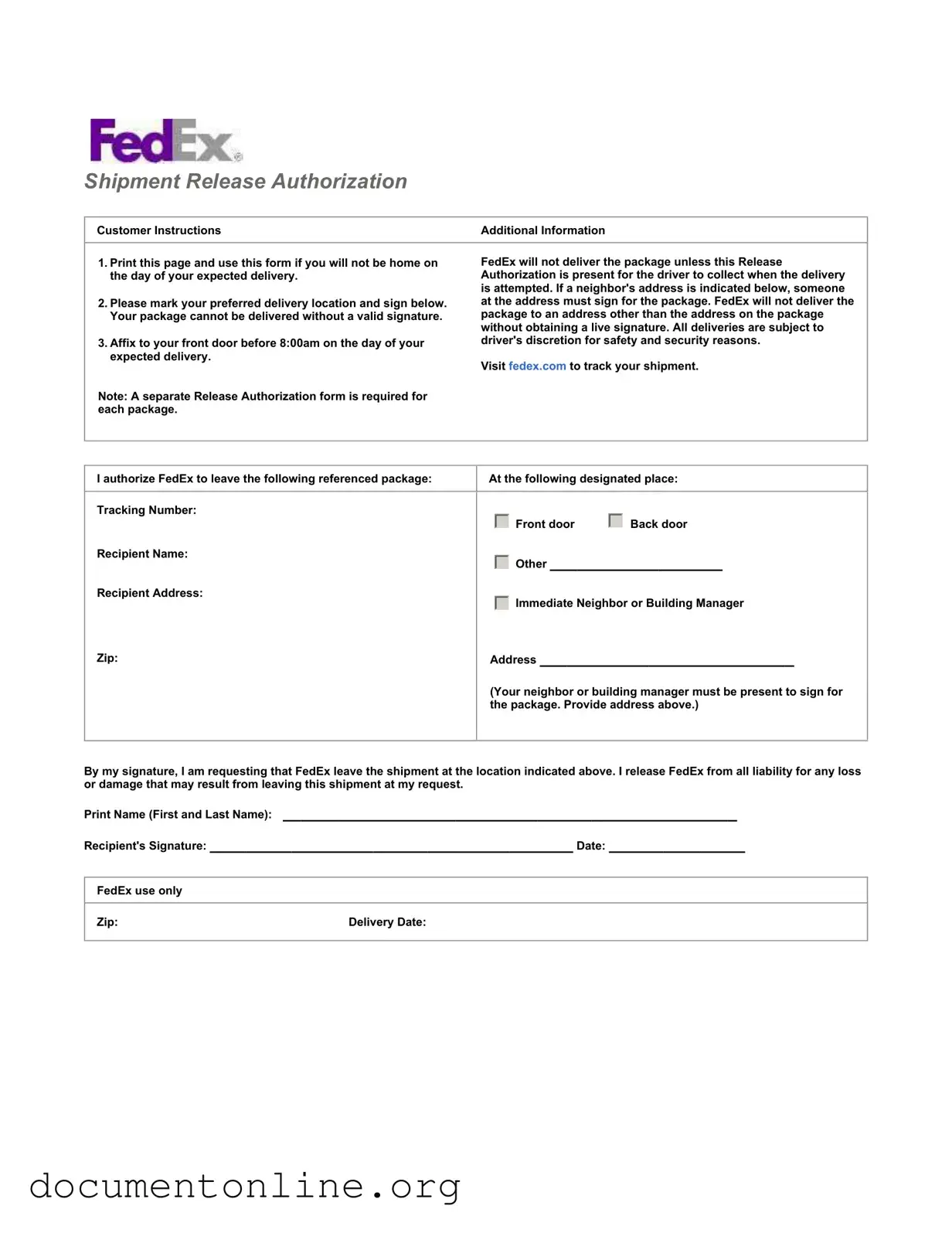 Free Fedex Release Template