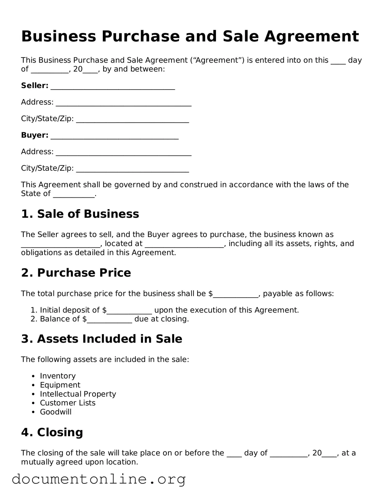 Free Business Purchase and Sale Agreement Form