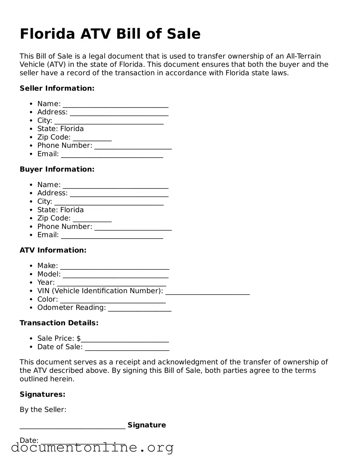 Free ATV Bill of Sale Form for Florida State
