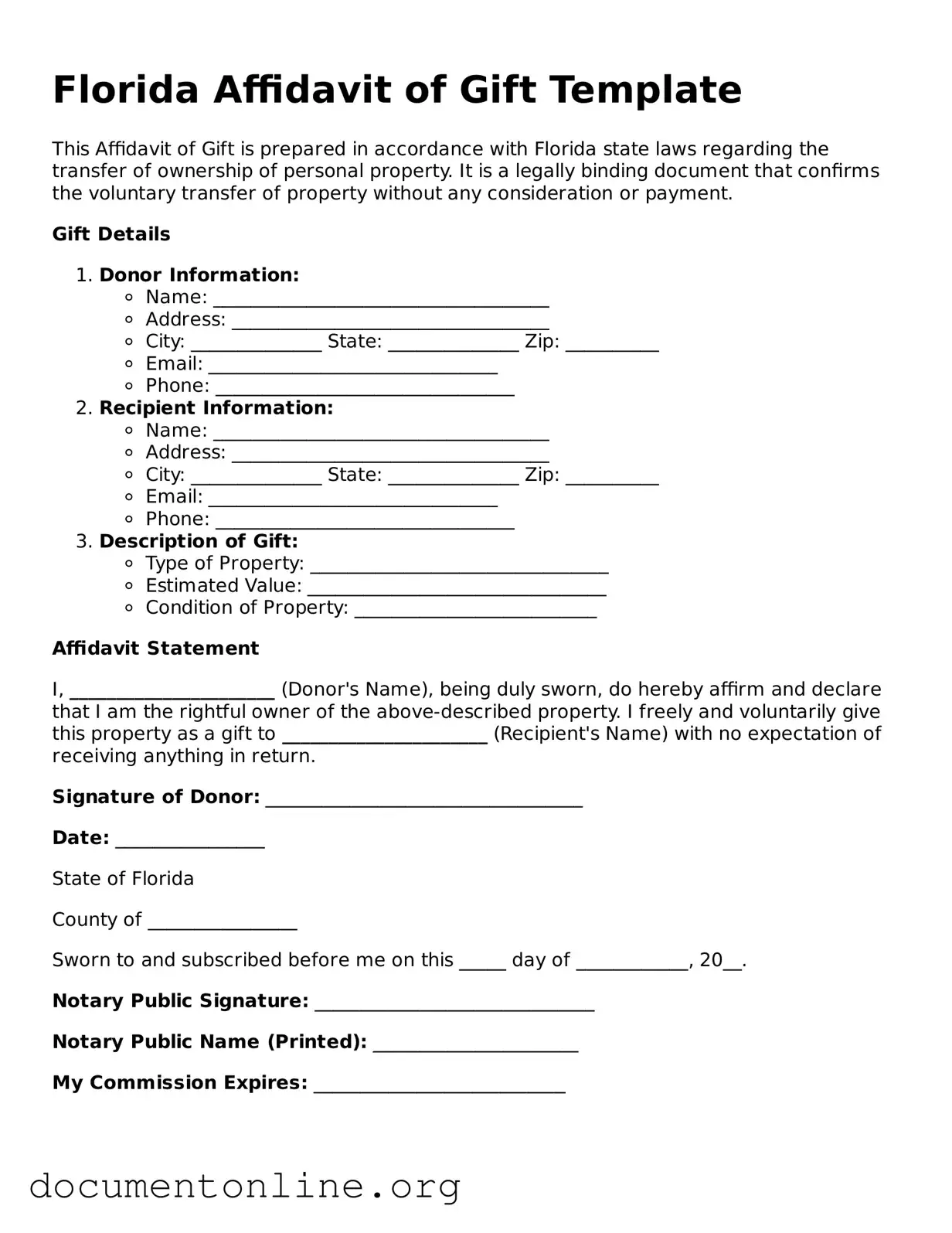Free Affidavit of Gift Form for Florida State
