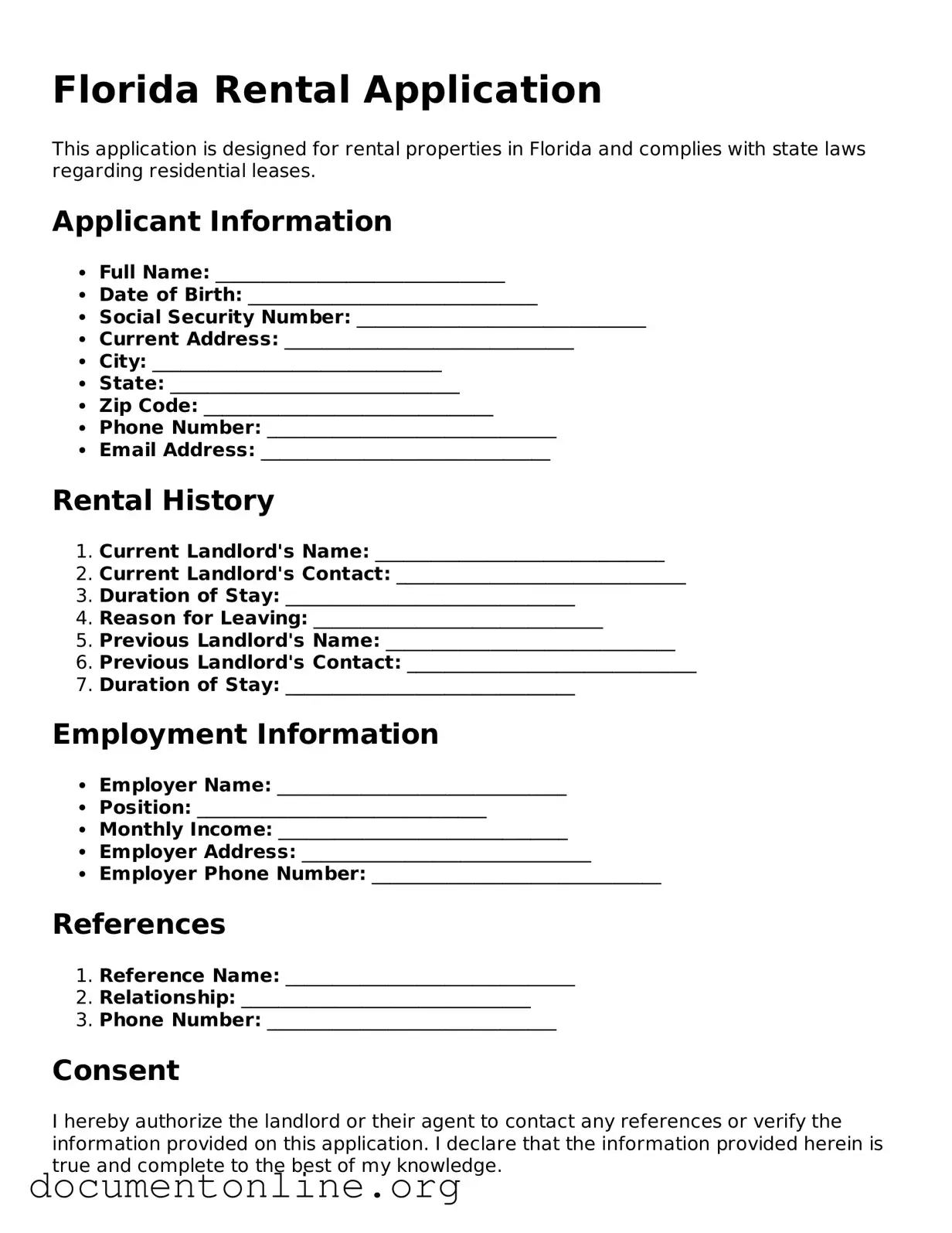 Free Rental Application Form for Florida State