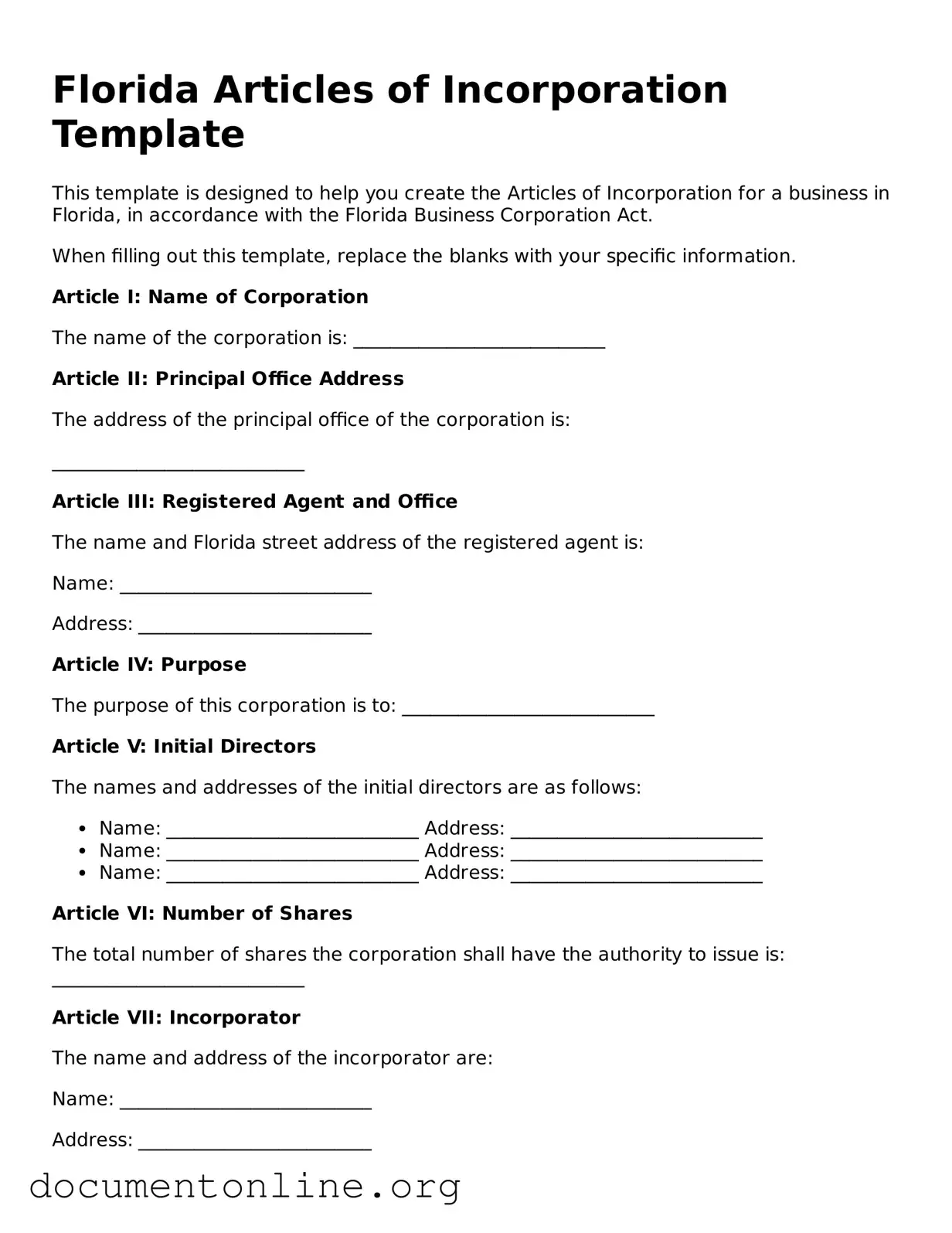 Free Articles of Incorporation Form for Florida State