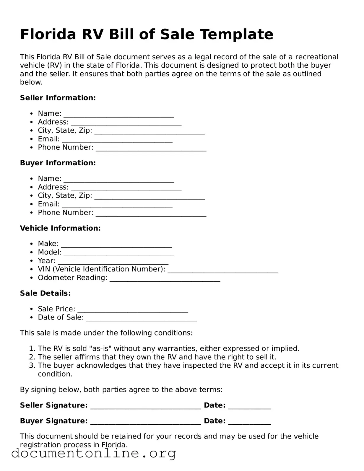 Free RV Bill of Sale Form for Florida State