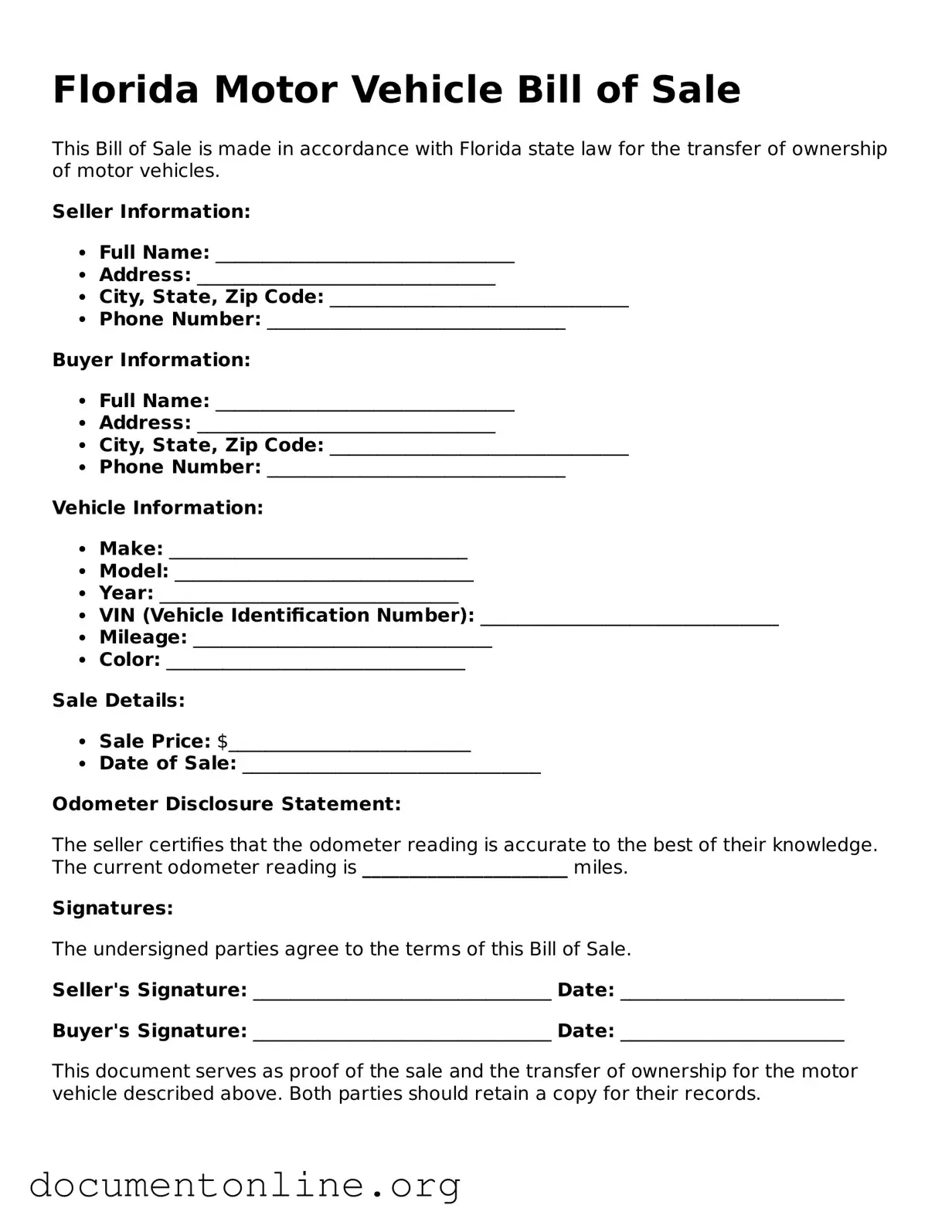 Free Motor Vehicle Bill of Sale Form for Florida State