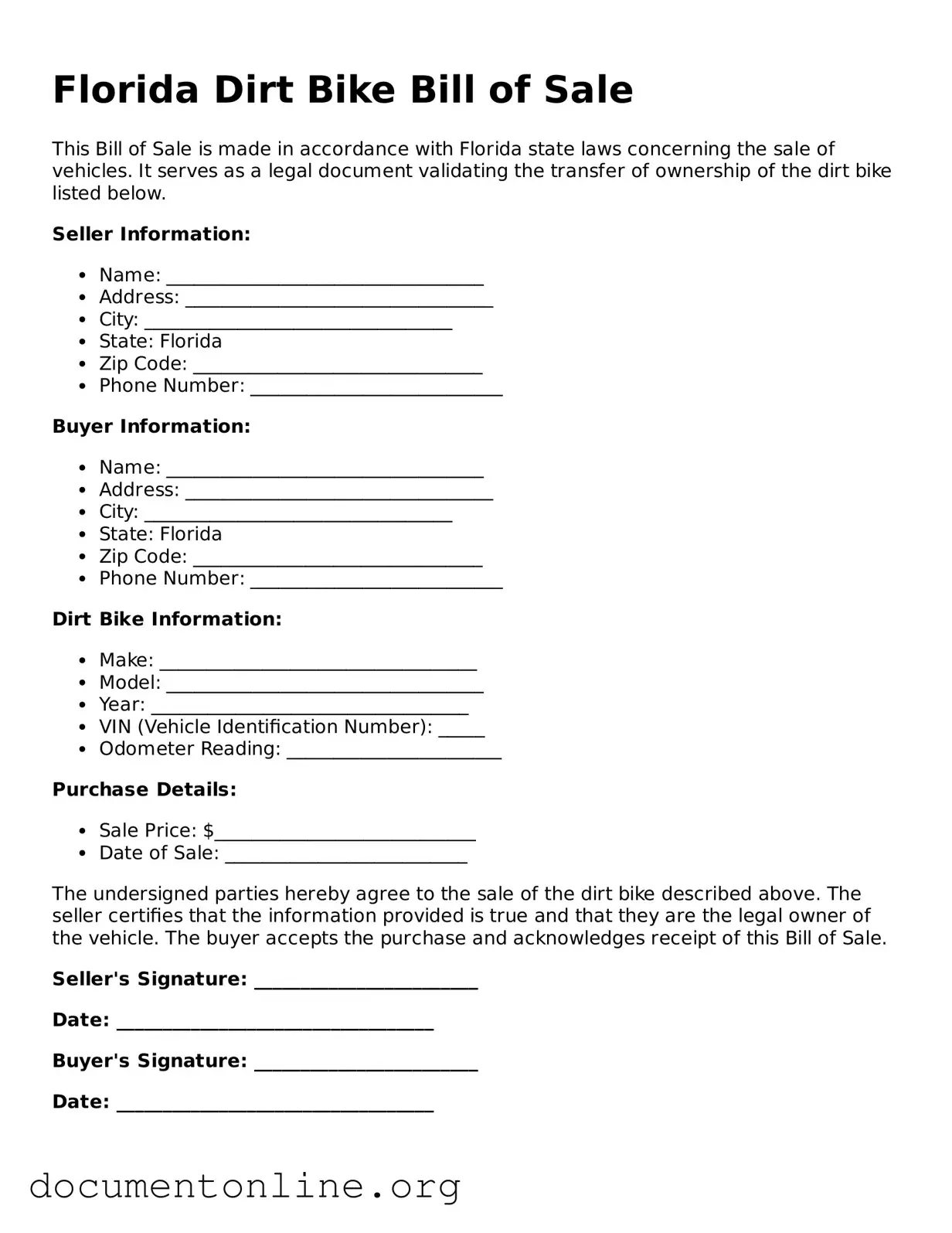 Free Dirt Bike Bill of Sale Form for Florida State