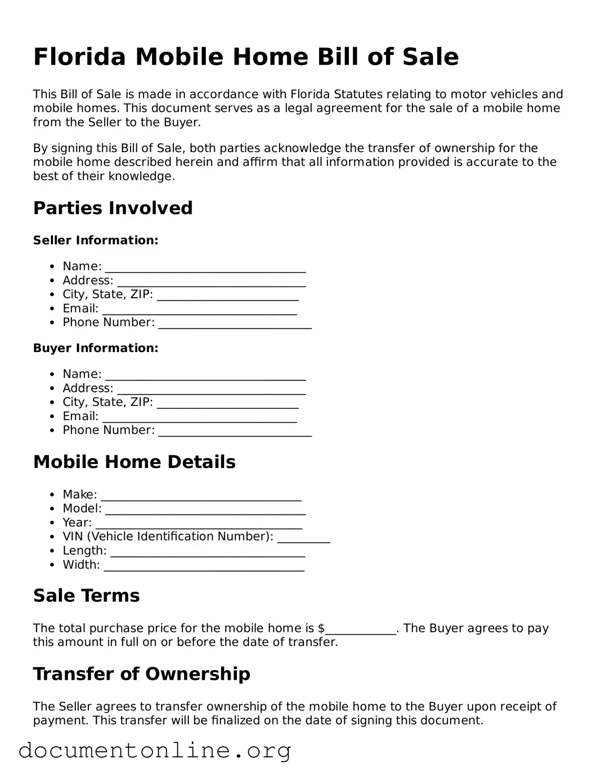 Free Mobile Home Bill of Sale Form for Florida State