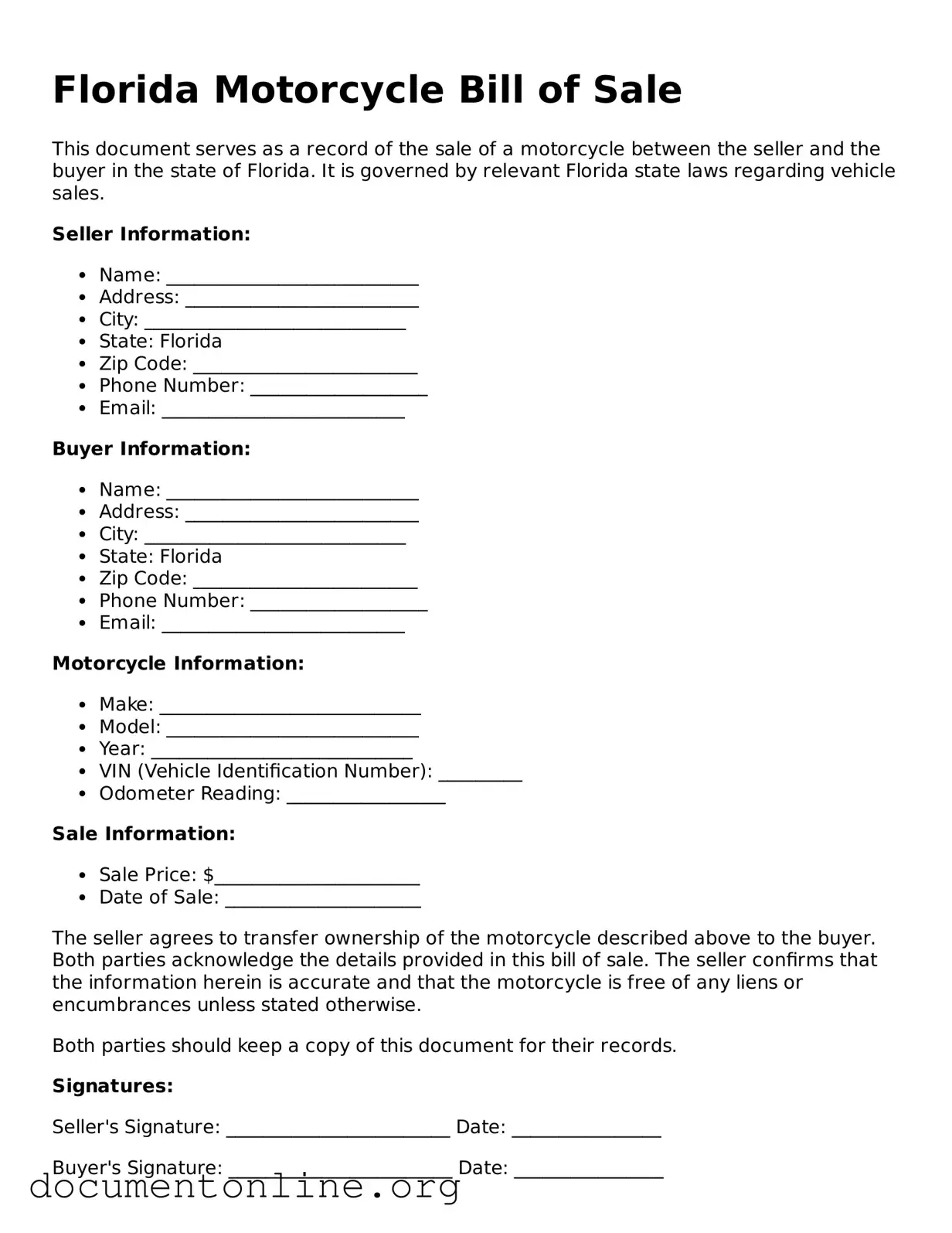Free Motorcycle Bill of Sale Form for Florida State