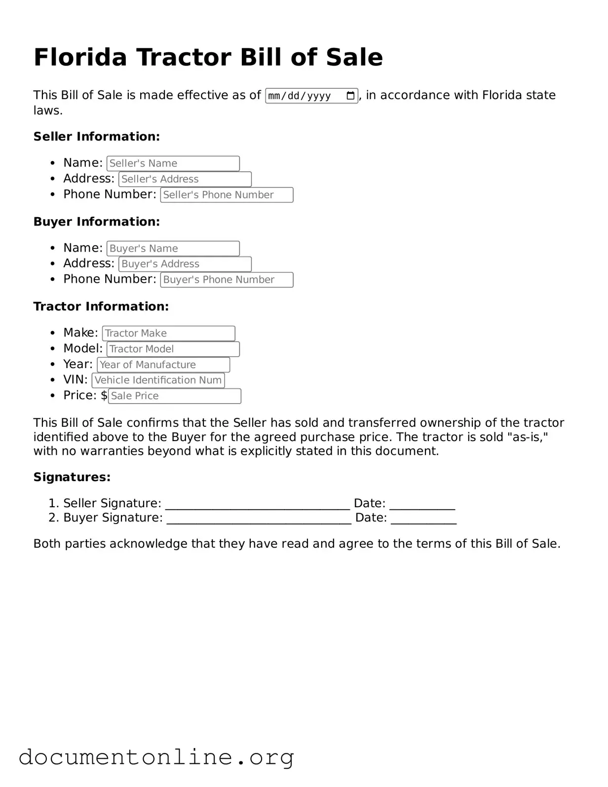 Free Tractor Bill of Sale Form for Florida State