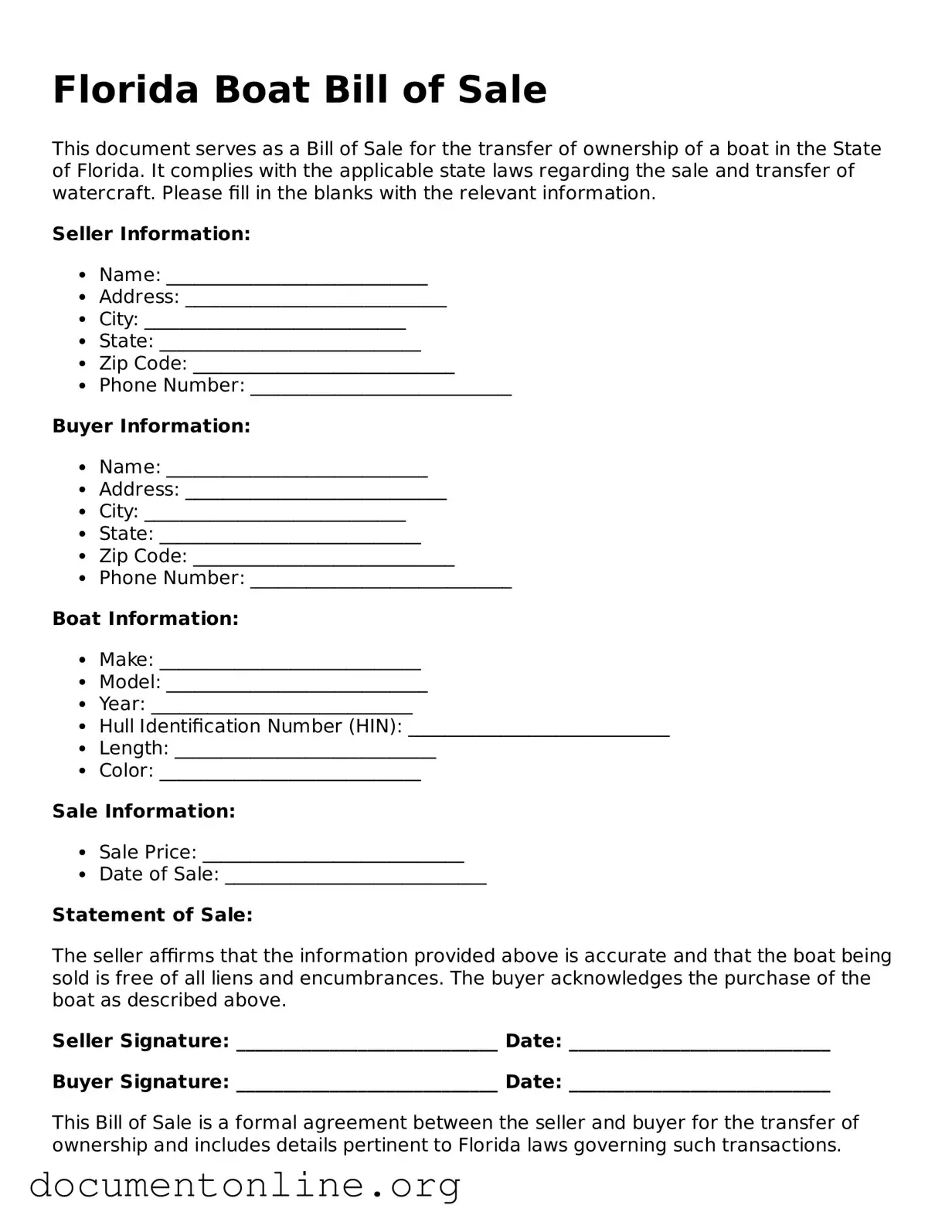 Free Boat Bill of Sale Form for Florida State