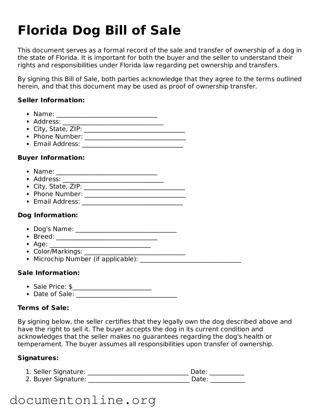 Free Dog Bill of Sale Form for Florida State