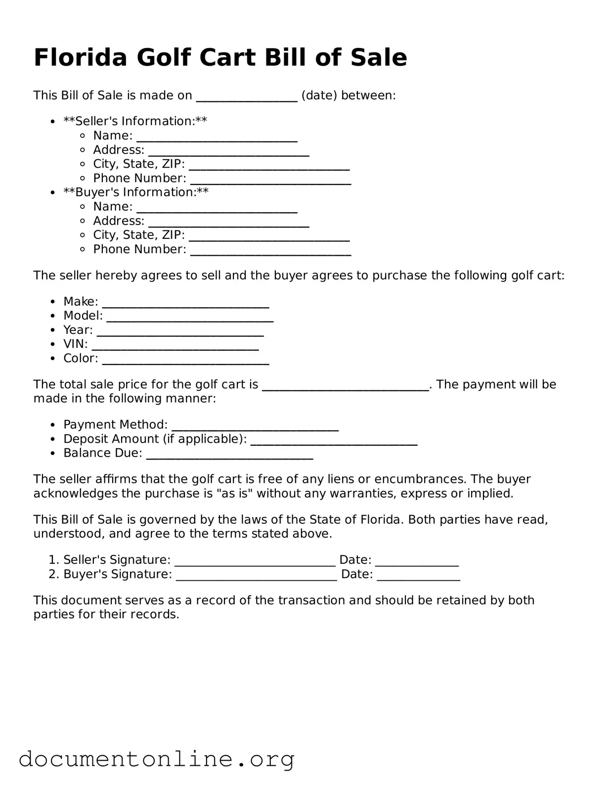 Free Golf Cart Bill of Sale Form for Florida State