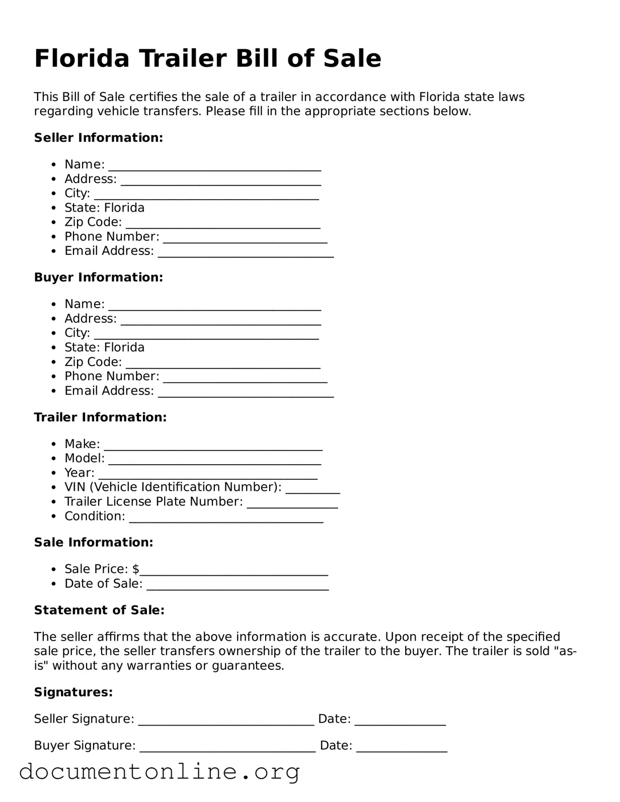 Free Trailer Bill of Sale Form for Florida State