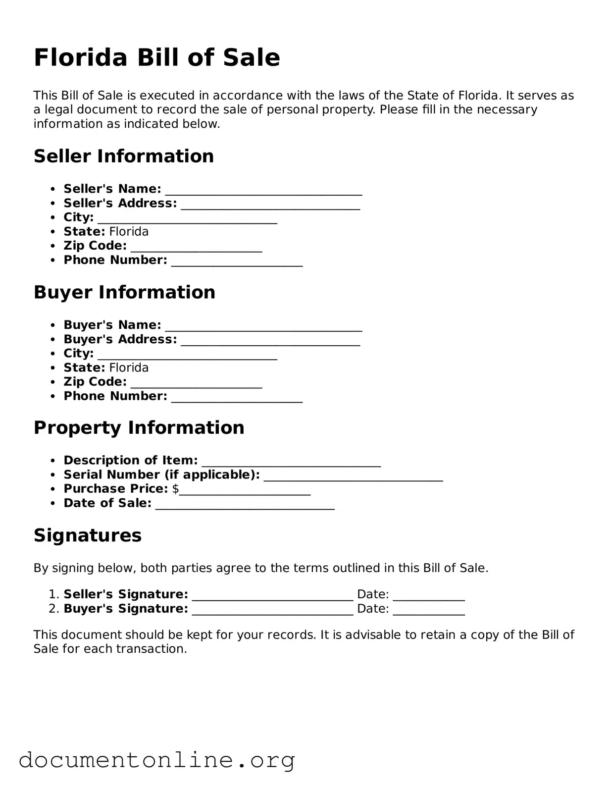 Free Bill of Sale Form for Florida State