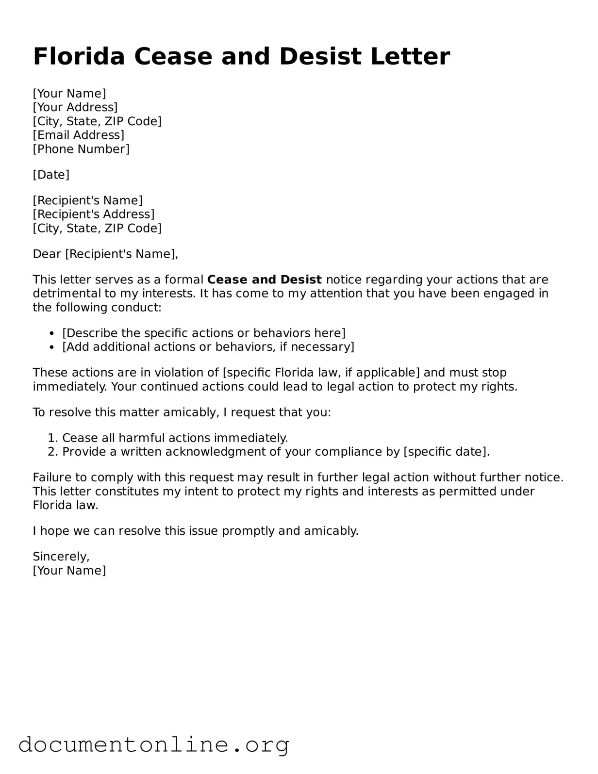 Free Cease and Desist Letter Form for Florida State