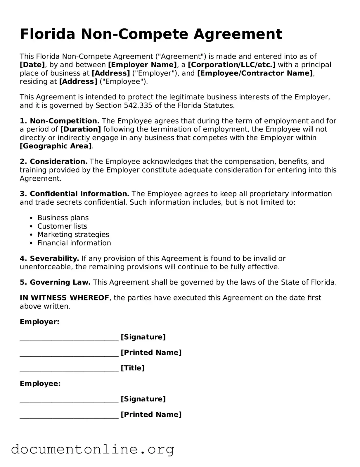 Free Non-compete Agreement Form for Florida State