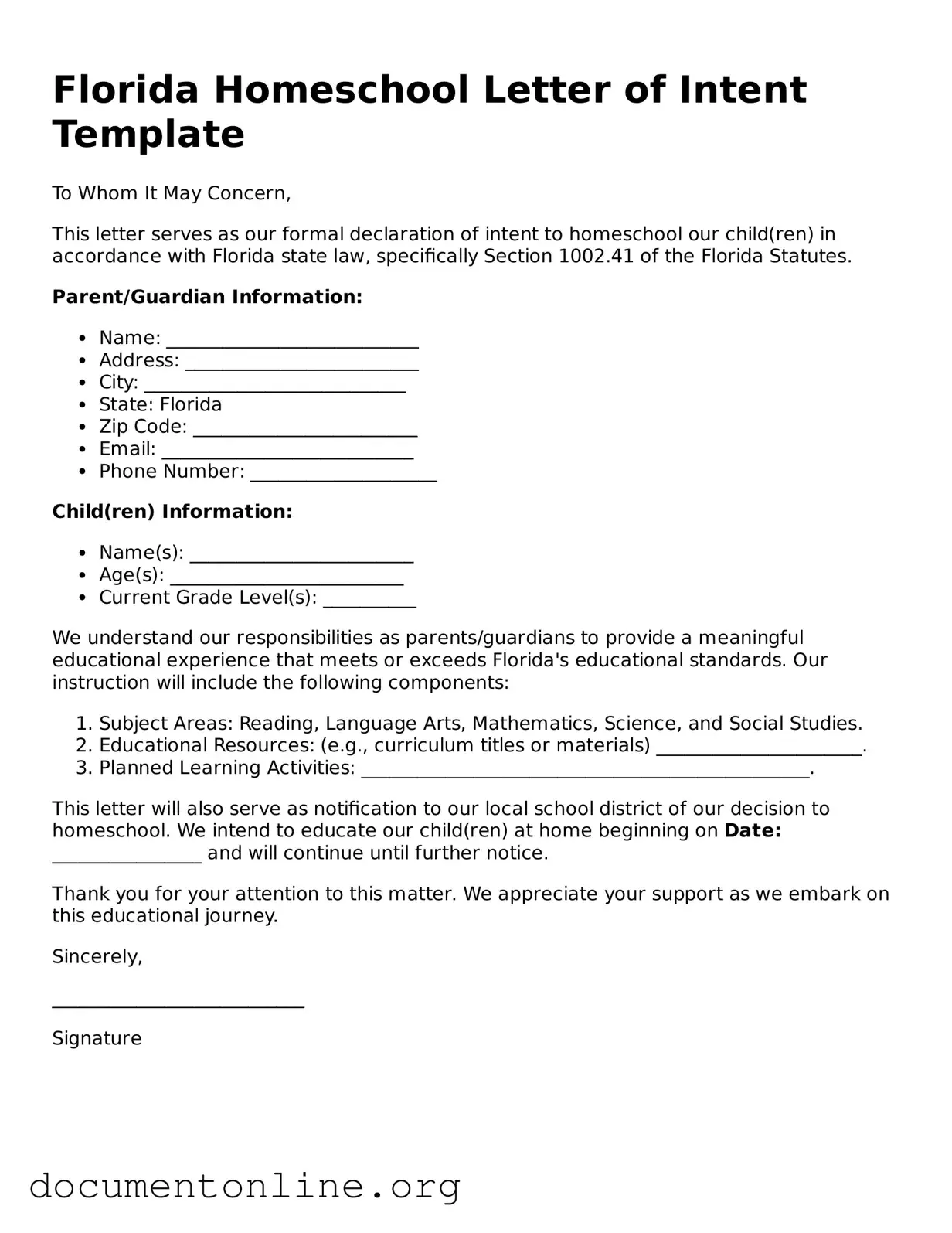 Free Homeschool Letter of Intent Form for Florida State