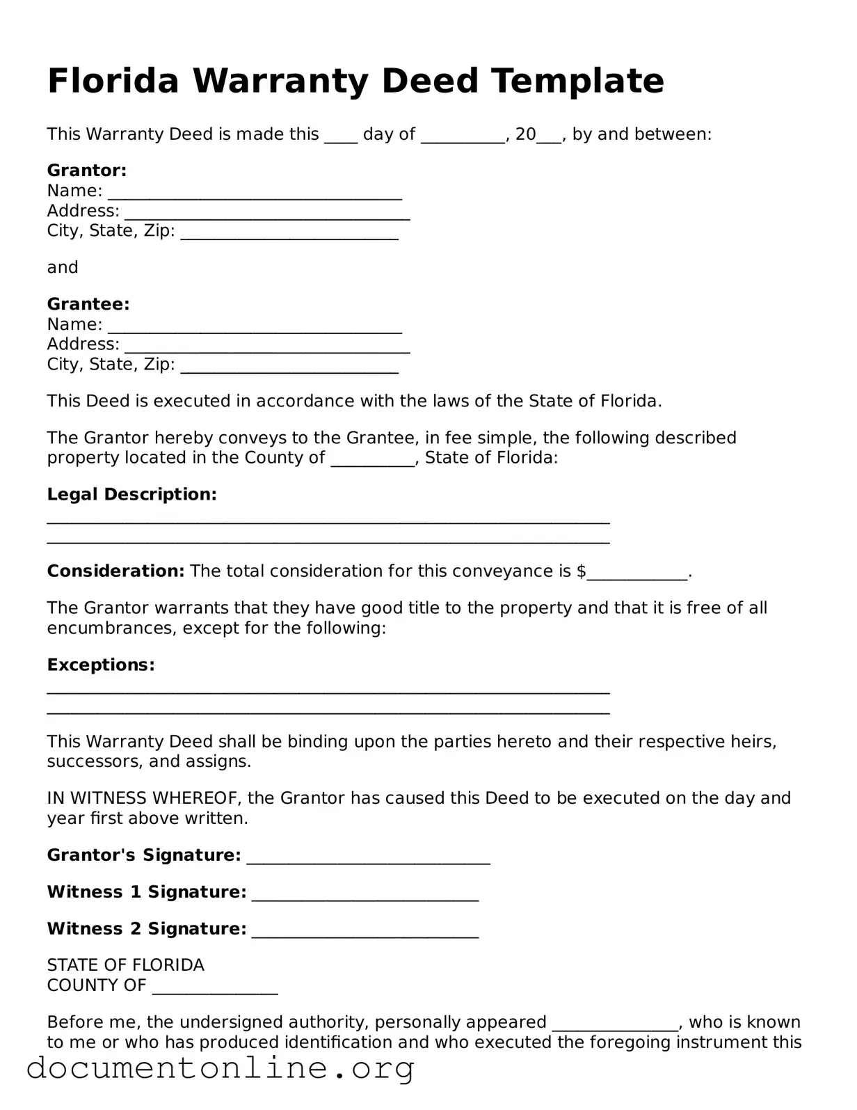Free Deed Form for Florida State