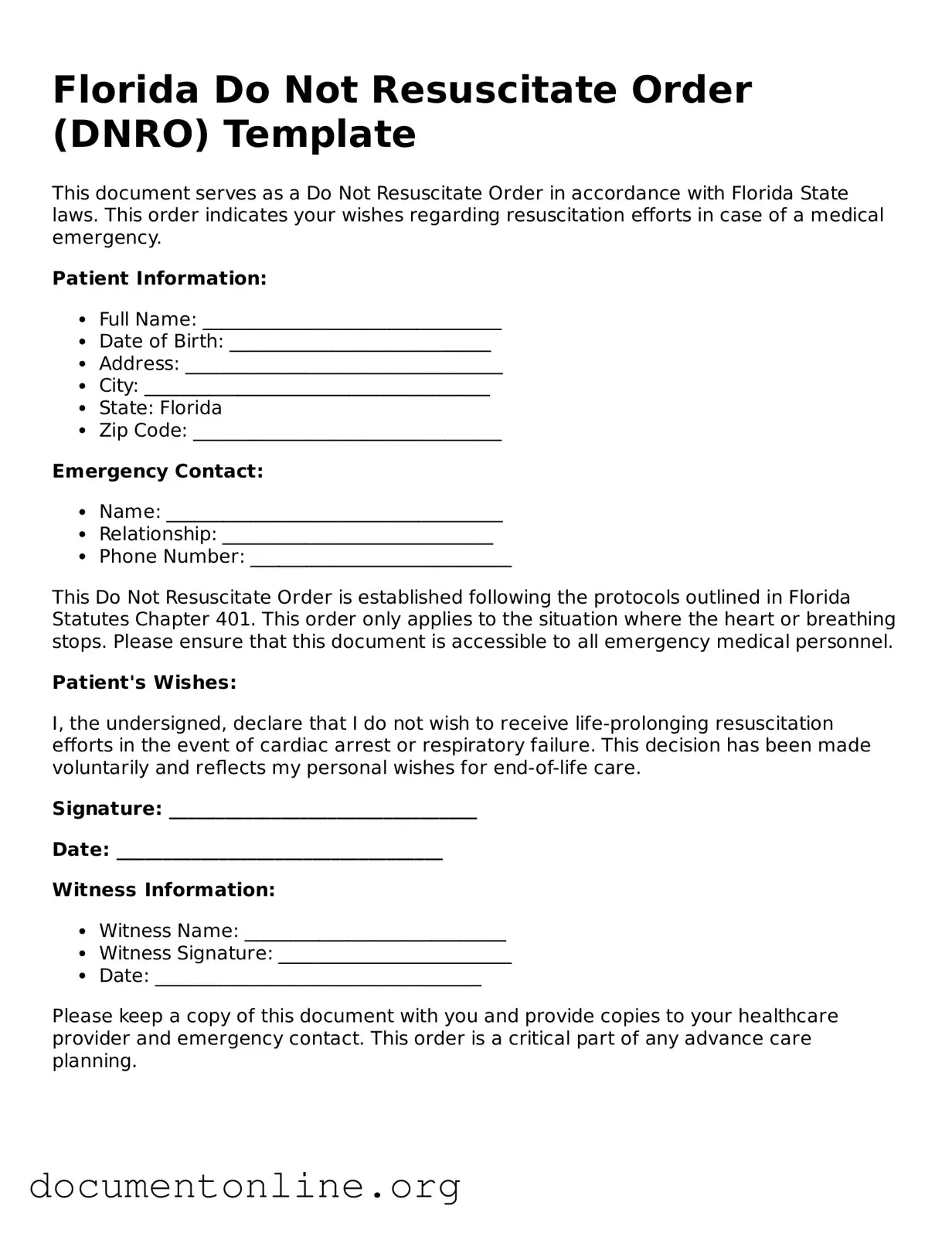 Free Do Not Resuscitate Order Form for Florida State