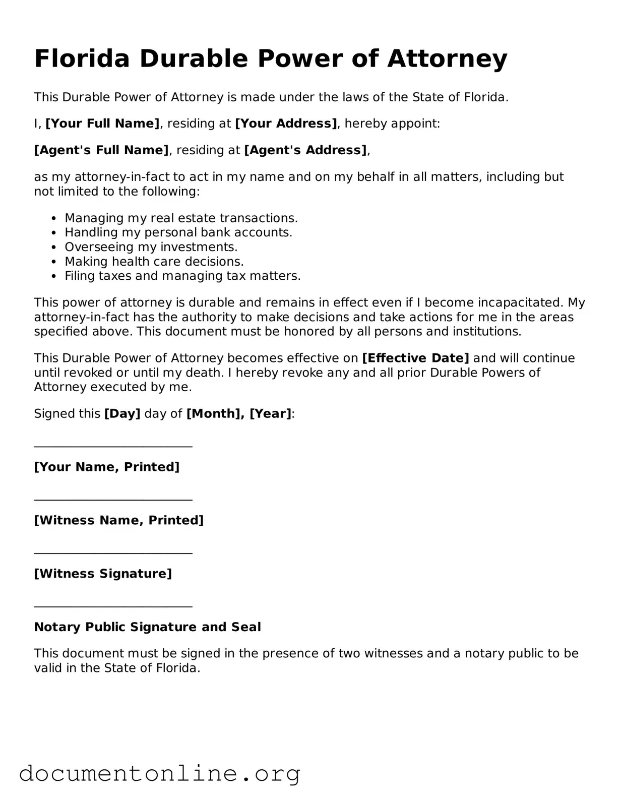 Free Durable Power of Attorney Form for Florida State
