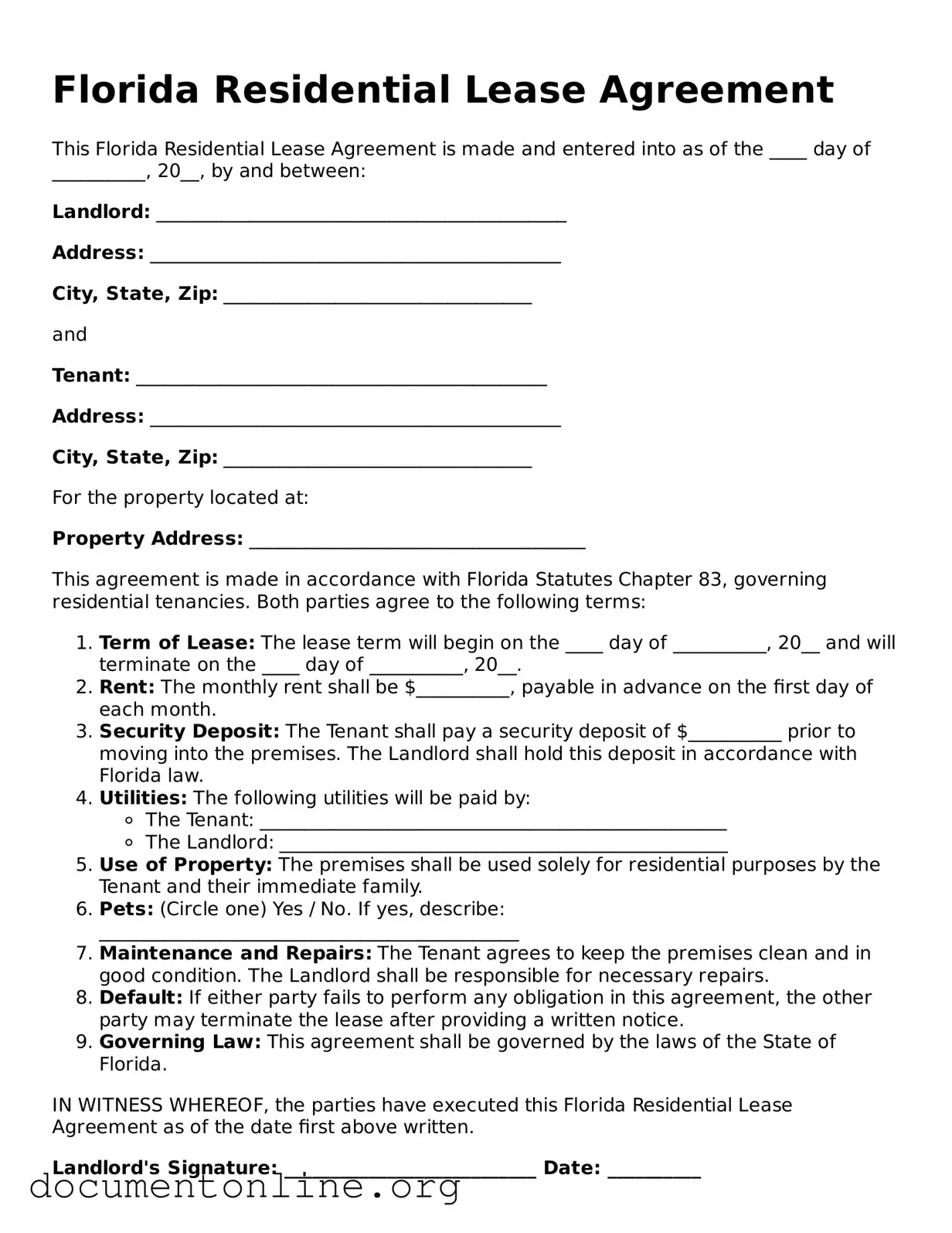 Free Residential Lease Agreement Form for Florida State