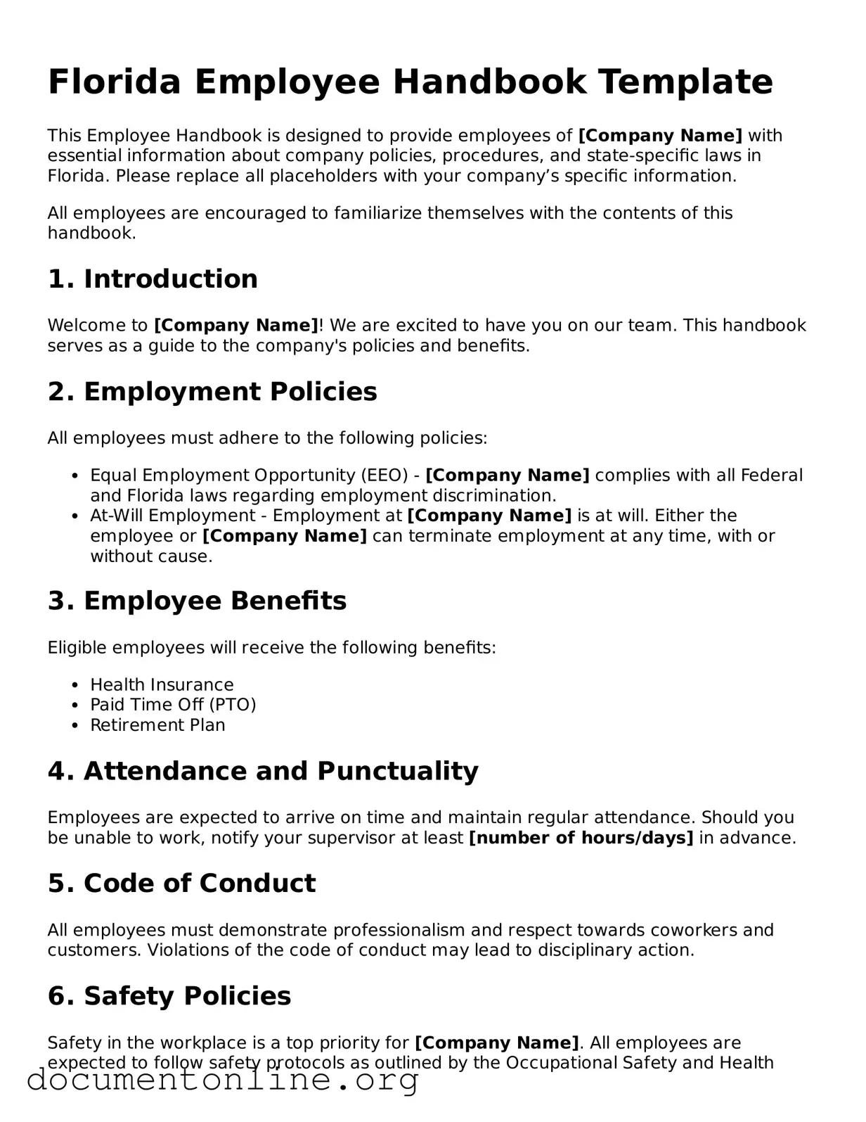 Free Employee Handbook Form for Florida State
