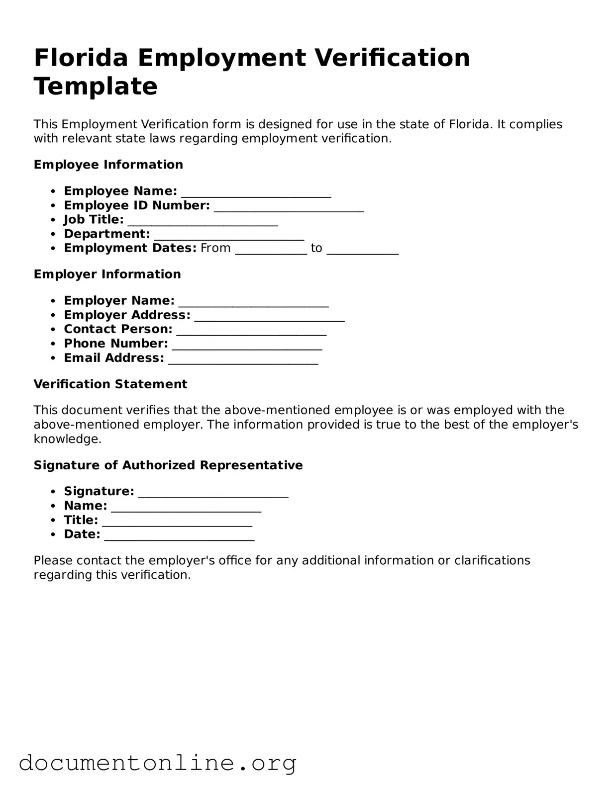 Free Employment Verification Form for Florida State