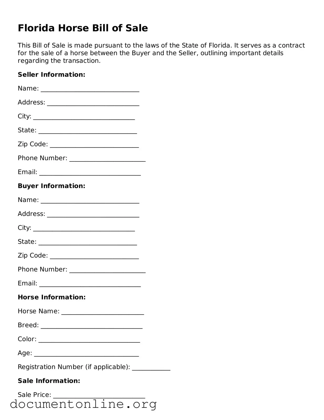 Free Horse Bill of Sale Form for Florida State