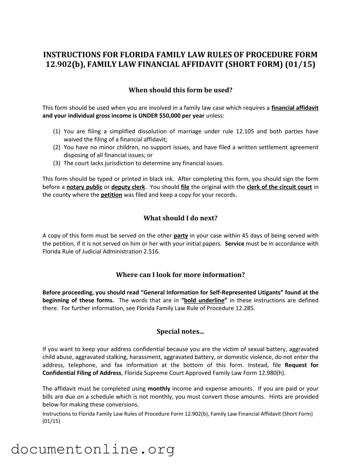 Free Florida Financial Affidavit Short 12.902(b) Template