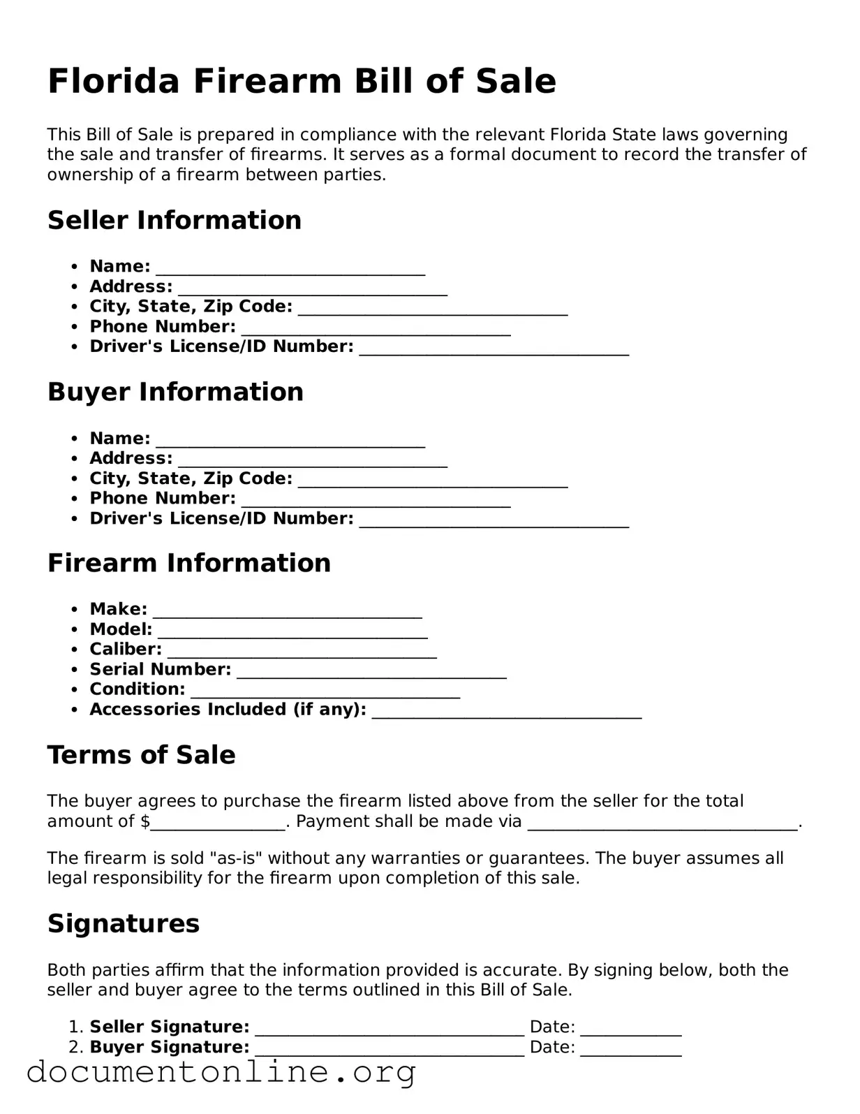 Free Firearm Bill of Sale Form for Florida State