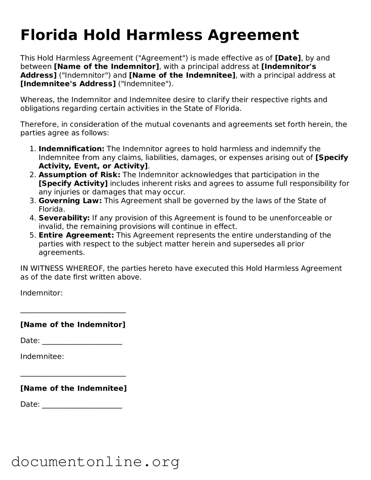Free Hold Harmless Agreement Form for Florida State