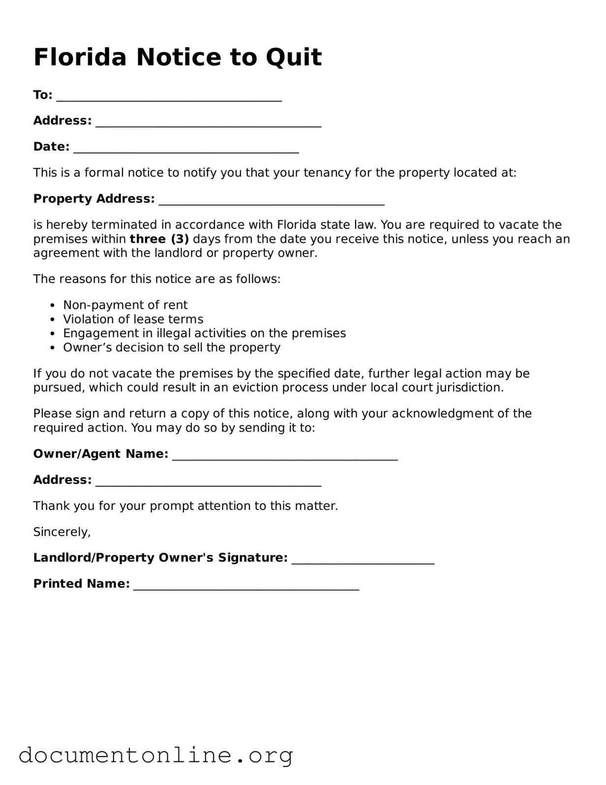 Free Notice to Quit Form for Florida State