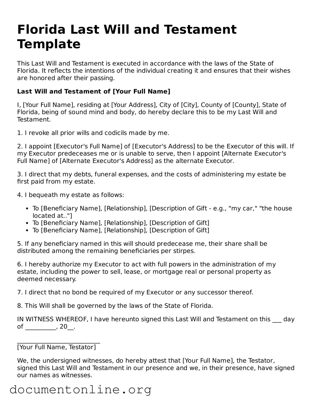 Free Last Will and Testament Form for Florida State