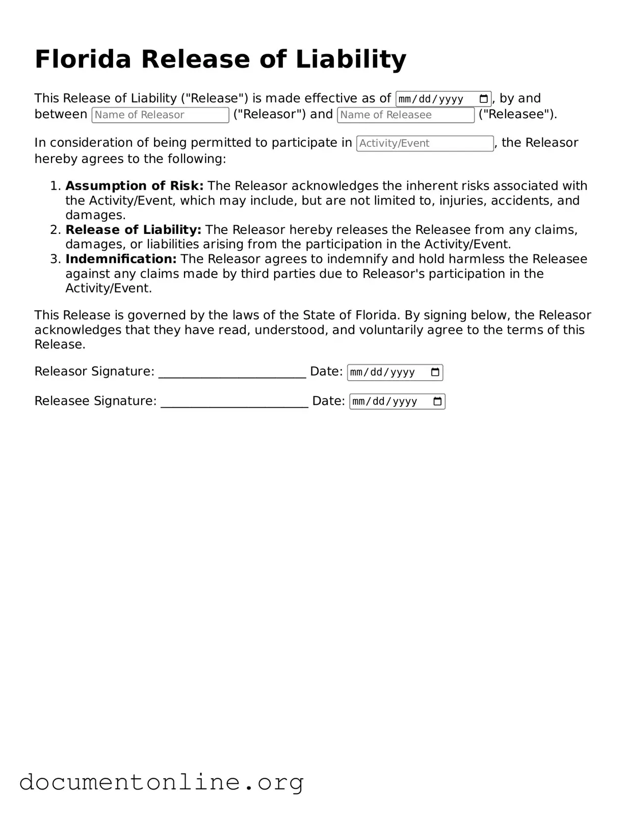 Free Release of Liability Form for Florida State