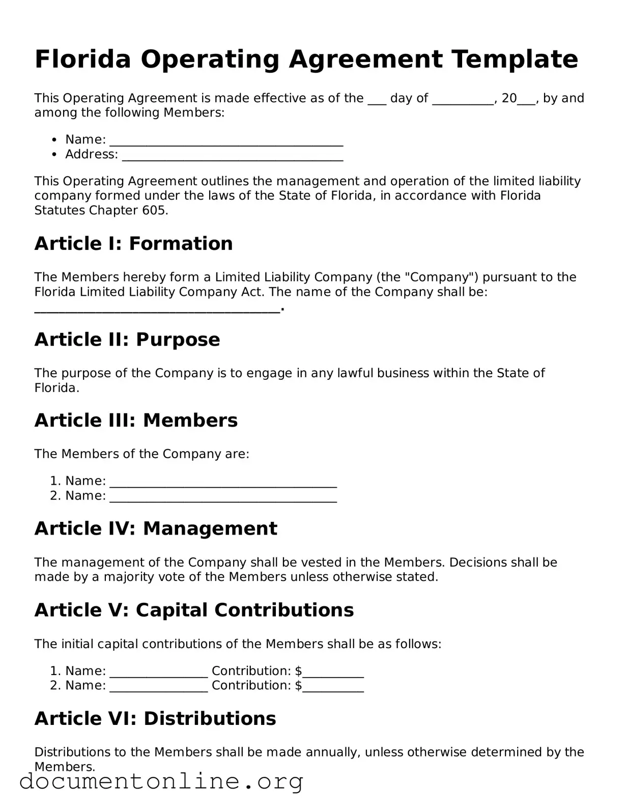 Free Operating Agreement Form for Florida State
