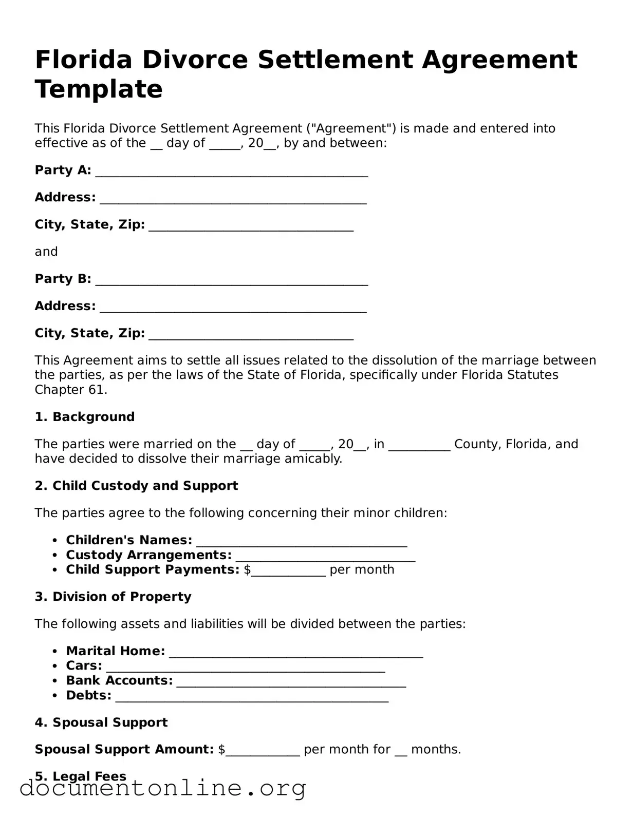 Free Divorce Settlement Agreement Form for Florida State