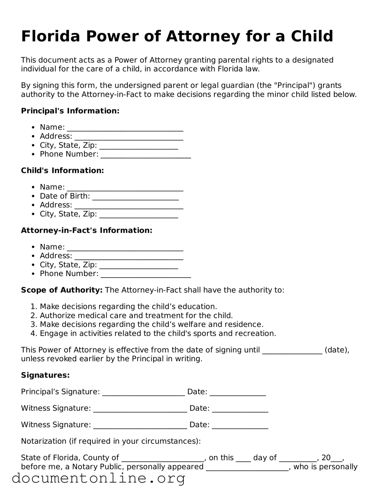 Free Power of Attorney for a Child Form for Florida State