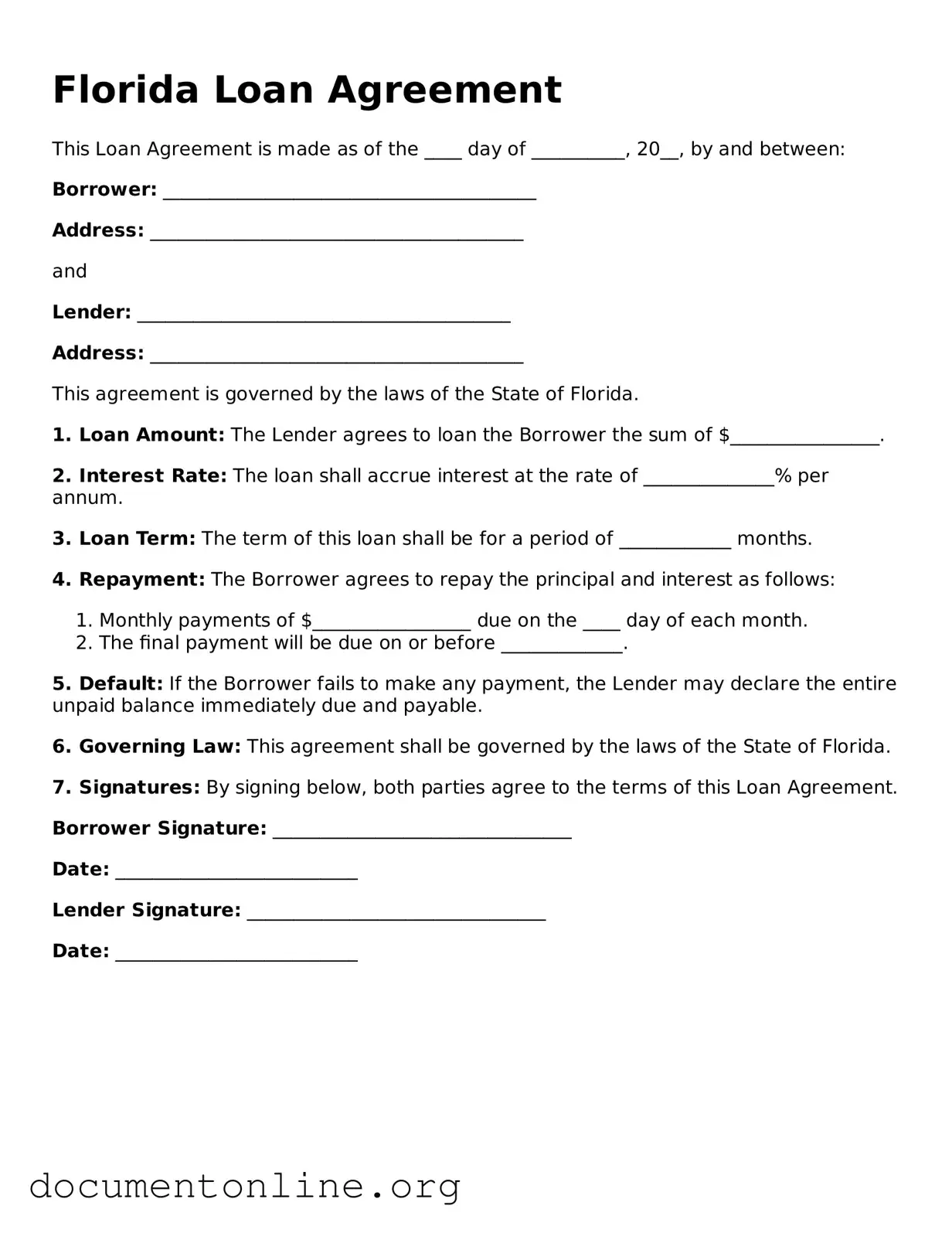Free Loan Agreement Form for Florida State