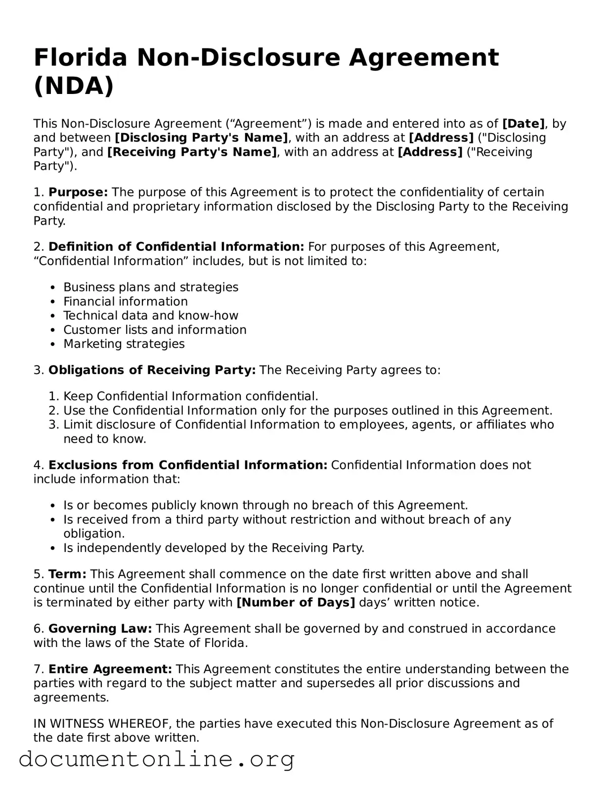 Free Non-disclosure Agreement Form for Florida State