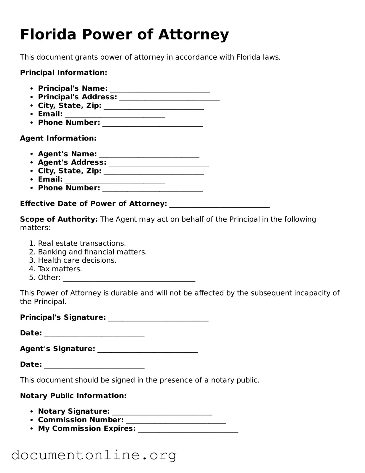 Free Power of Attorney Form for Florida State