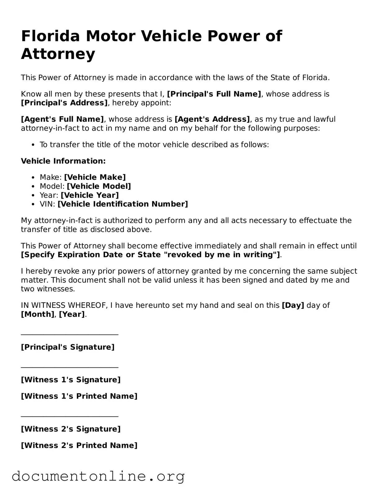 Free Motor Vehicle Power of Attorney Form for Florida State