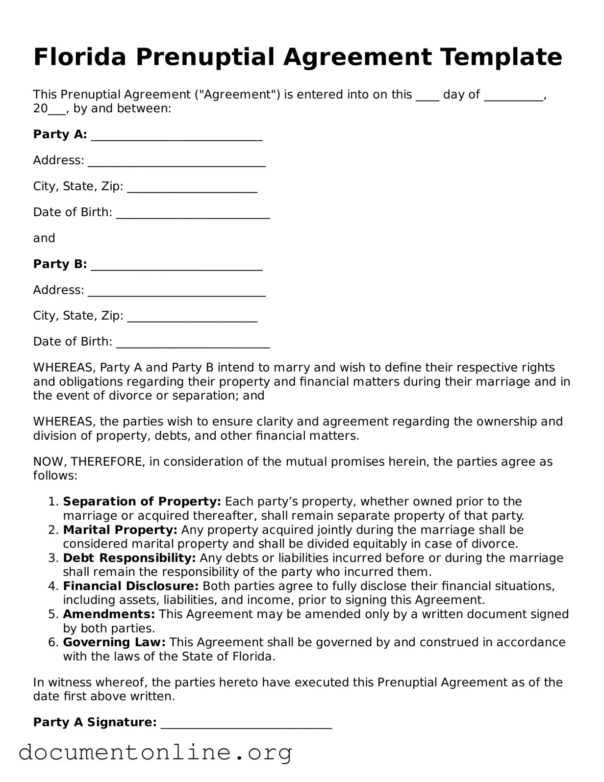 Free Prenuptial Agreement Form for Florida State