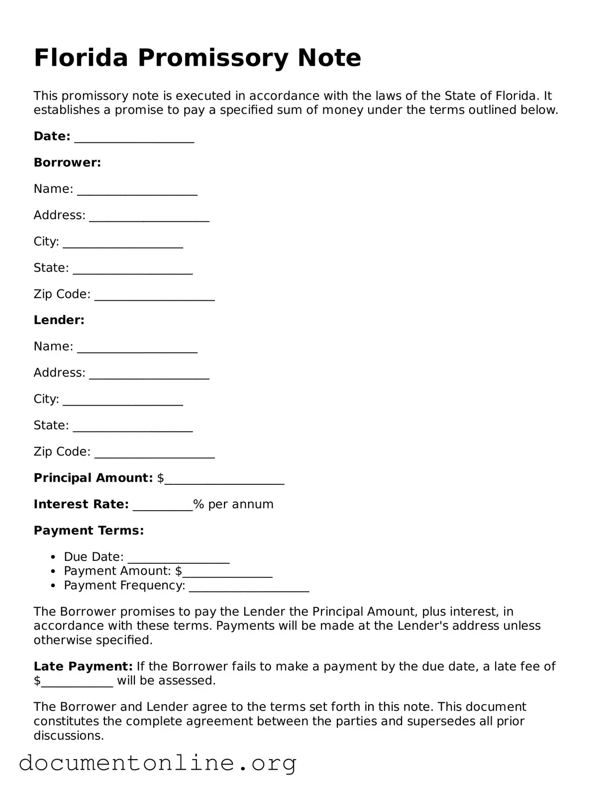 Free Promissory Note Form for Florida State