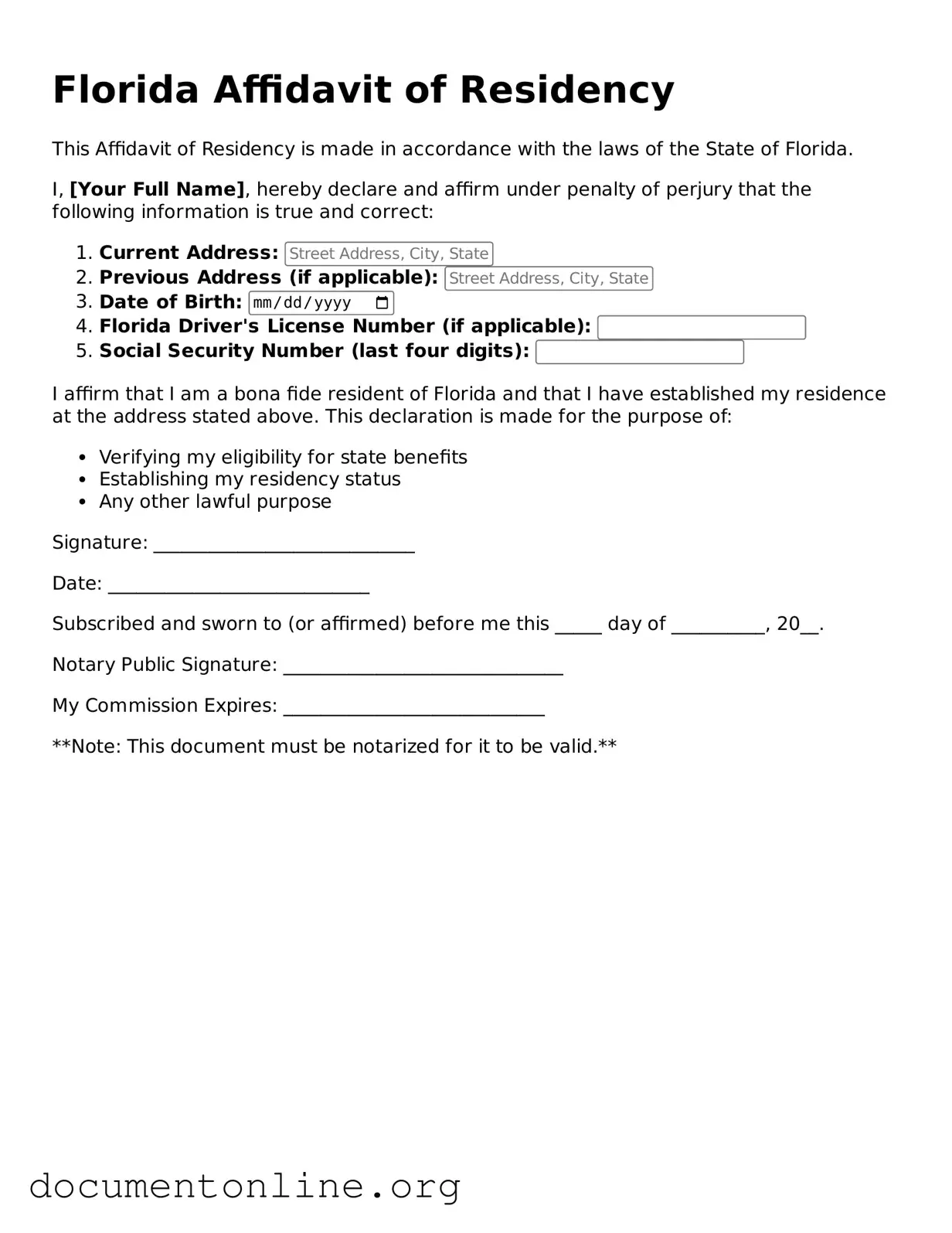Free Affidavit of Residency Form for Florida State