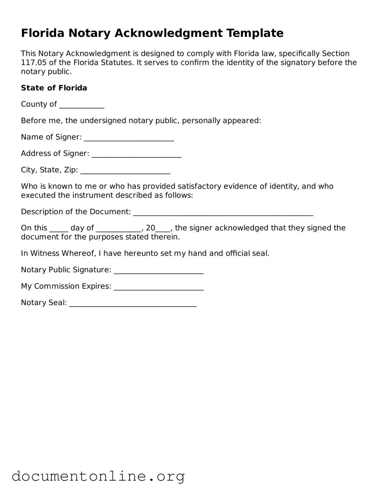 Free Notary Acknowledgement Form for Florida State
