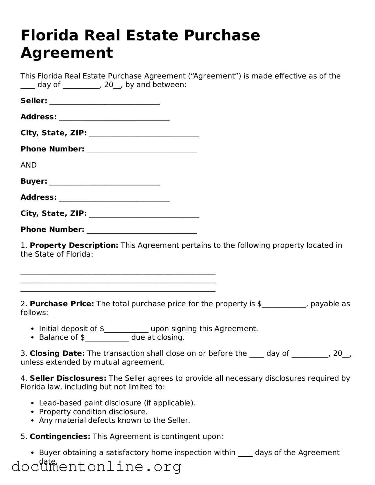 Free Real Estate Purchase Agreement Form for Florida State