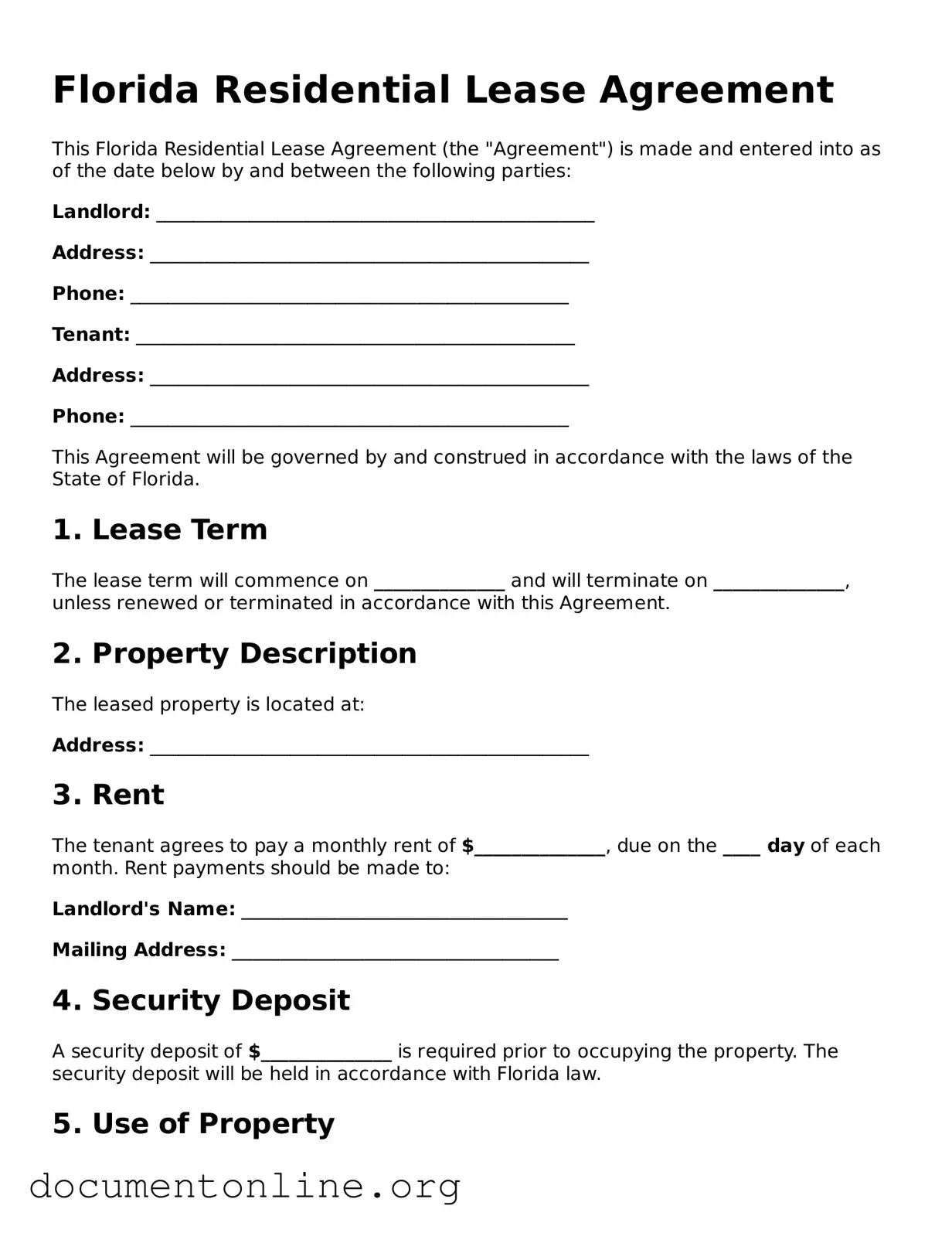 Free Lease Agreement Form for Florida State