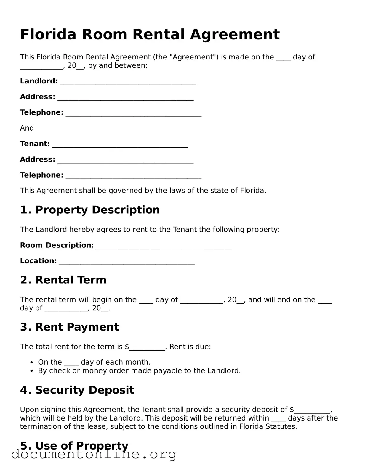 Free Room Rental Agreement Form for Florida State